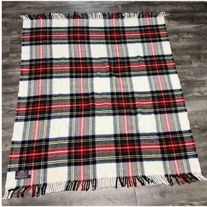Tweedmill Throw Blanket British Made Pure New Wool Plaid Cream Red Blue 61x48
